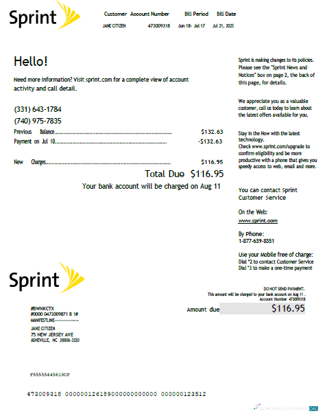 download download USA Sprint utility bill template in Word and PDF formats, version 2 PDF template PDF template